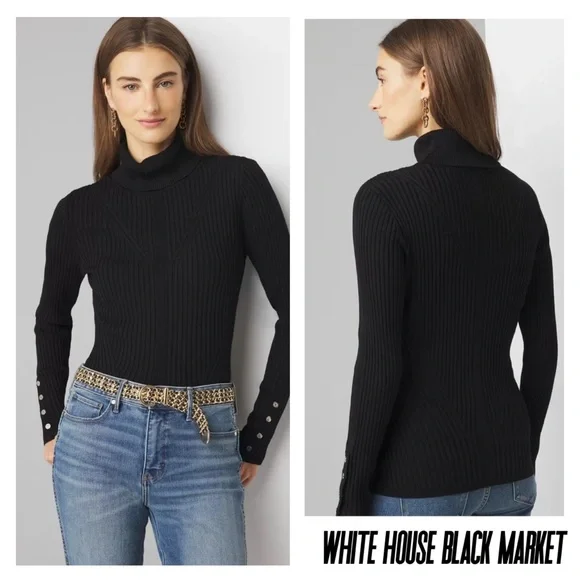 NWT White House Black Market Black Ribbed Turtleneck Sweater With Button Sleeve - Picture 1 of 5